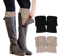PHOGARY 2 Pairs Winter Warm Boot Cuffs for Women, Crochet Knitted Boot Socks Black and Beige Short Leg Warmers Boot Topper Socks Leg Cuffs Boot Warmers Gift for Girls