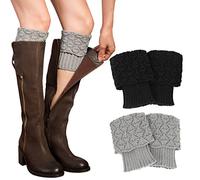 PHOGARY 2 Pairs Winter Warm Boot Cuffs for Women, Crochet Knitted Boot Socks for Gilrs Short Leg Warmers Boot Topper Socks Leg Cuffs Leg Warmers Gift for Girls (Black+Grey)