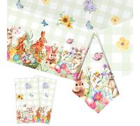 PHOGARY 2 PCS Happy Easter Tablecloth Easter Decorations, Bunny Eggs Buffalo Plaid Plastic Disposable Table Cover Spring Table Cloth Rectangle Floral Tablecloth for Spring Party Decorations 54" X 108"