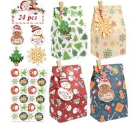 PHOGARY 24pcs Christmas Paper Gift Bags Multipack, Small Xmas Gift Bag with Sticker Tags, Christmas Wrapping Bags for Kids Candy Sweets Treats Bag, 4 Patterns