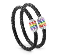 PHOGARY 2PCS Gay Pride Bracelet LGBT Rainbow Bracelet, Leather Couple Bracelet Men's Women's Bangle with Rainbow Striped Stainless steel Clasp 22cm
