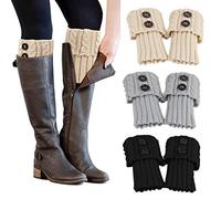 PHOGARY 3 Pairs Winter Warm Boot Cuffs for Women, Crochet Knitted Boot Socks for Girls Short Leg Warmers Boot Topper Socks Leg Cuffs Boot Warmers Gift (Black+Beige+Grey)