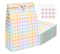 PHOGARY 40pcs Paper Party Bags, Small Birthday Gift Bag, Colorful Plaid Kraft Paper Bags with 60 Thank You Stickers, Treat Goody Sweet Candy Bag Gift Wraping for Girls Kids Birthday Party Supplies