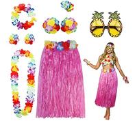 PHOGARY 8 Pack Hula Skirt Costume Accessory Kit for Hawaii Luau Party - Dancing Hula with Flower Bikini Top, Hawaiian Lei, Hibiscus Hair Clip, Pineapple Sunglasses for Women (Pink)