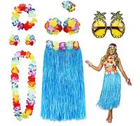 PHOGARY 8 Pack Hula Skirt Costume Accessory Kit for Hawaii Luau Party - Dancing Hula with Flower Bikini Top, Hawaiian Lei, Hibiscus Hair Clip, Pineapple Sunglasses for Women (Blue)