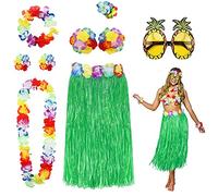 PHOGARY 8 Pack Hula Skirt Costume Accessory Kit for Hawaii Luau Party - Dancing Hula with Flower Bikini Top, Hawaiian Lei, Hibiscus Hair Clip, Pineapple Sunglasses for Women (Green)