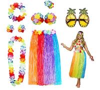 PHOGARY 8 Pack Hula Skirt Costume Accessory Kit for Hawaii Luau Party - Dancing Hula with Flower Bikini Top, Hawaiian Lei, Hibiscus Hair Clip, Pineapple Sunglasses for Women (Rainbow)