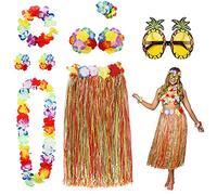 PHOGARY 8 Pack Hula Skirt Costume Accessory Kit for Hawaii Luau Party - Dancing Hula with Flower Bikini Top, Hawaiian Lei, Hibiscus Hair Clip, Pineapple Sunglasses for Women (Colorful)