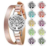 PHOGARY Aromatherapy Essential Oil Diffuser Bracelet Set for Women, Anxiety Bracelet Stainless Steel Locket with Genuine Leather Wristband Jewelry Gift for Mother Girlfriend Sister, Tree A