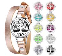 PHOGARY Aromatherapy Essential Oil Diffuser Bracelet Set for Women, Anxiety Bracelet Stainless Steel Locket with Genuine Leather Wristband Jewelry Gift for Mother Girlfriend Sister, Tree of Life