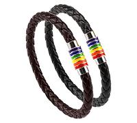 PHOGARY Gay Pride Bracelet LGBT Rainbow Bracelet (2 Pack, Black+Brown), Leather Couple Bracelet Men's Women's Bangle with Rainbow Striped Stainless steel Magnetic Clasp