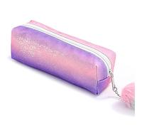 PHOGARY Glitter Preppy Pencil Case for Girls, Cute Pastel Pen Case Fluffy Zip Pull Pouch Bag Holographic Pencil Case, Sparkling School Stuff Stationery Shimmery Sequin Makeup Bag for Kids (Pink)