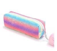 PHOGARY Glitter Preppy Pencil Case for Girls, Cute Pastel Pen Case Fluffy Zip Pull Pouch Bag Holographic Pencil Case, Sparkling School Stuff Stationery Shimmery Sequin Makeup Bag for Kids (Rainbow)