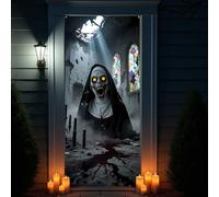 PHOGARY Halloween Door Cover for Halloween Decorations, Large Fabric Horror Nun Door Cover Banner for Front Porch Window Wall Decoration Party Supplies Indoor Outdoor, 6.1 x 2.9 Ft