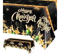 PHOGARY NYE Tablecloth for 2026 Happy New Year Table Decorations, New Years Eve Party Supplies Disposable Plastic Black Gold NYE Table Covers 54 x 108, 2 Pack