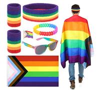 PHOGAY Pride Flag Cape Set, 6Pcs LGBTQ Lesbian Gay Pride Accessories Including Pride Flag Rainbow Headband Wristbands Pride Bracelet Sunglasses Pride Badge for Pride Parade Gay Pride Festivals