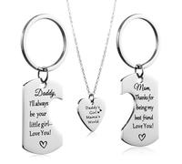 Pholidof Family Love Necklace Daddy's Teengirl Mama's World 3 Piece Necklace Keychain Set For Dad Mom and Daughter I Love You Gift Birthday Father's Day Mothers Day Christmas, Adjustable, Stainless