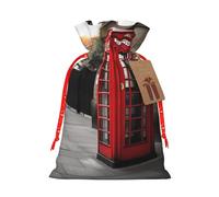 Phone Booth in London Streets Printed Christmas Drawstring Bags Reusable Xmas Bag for Party Xmas Gift Wrapping, Red Ribbon, S