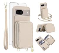 Phone Case for Google Pixel 8 5G Wallet Cell Cover with Tempered Glass Screen Protector Wrist Crossbody Strap Lanyard Stand RFID Blocking Credit Card Holder Zipper Pixel8 Eight Women Men Girls Beige