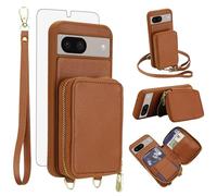 Phone Case for Google Pixel 8 5G Wallet Cell Cover with Tempered Glass Screen Protector Wrist Crossbody Strap Lanyard Stand RFID Blocking Credit Card Holder Zipper Pixel8 Eight Women Men Girls Brown
