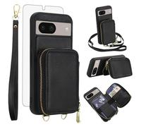 Phone Case for Google Pixel 8 5G Wallet Cell Cover with Tempered Glass Screen Protector Wrist Crossbody Strap Lanyard Stand RFID Blocking Credit Card Holder Zipper Pixel8 Eight Women Men Girls Black