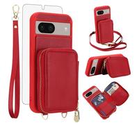 Phone Case for Google Pixel 8 5G Wallet Cell Cover with Tempered Glass Screen Protector Wrist Crossbody Strap Lanyard Stand RFID Blocking Credit Card Holder Zipper Pixel8 Eight Women Men Girls Red