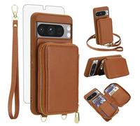 Phone Case for Google Pixel 8 Pro 5G Wallet Cell Cover with Tempered Glass Screen Protector Crossbody Strap Lanyard RFID Blocking Credit Card Holder Pixel8Pro Pixel8 XL Eight 8Pro Women Girls Brown