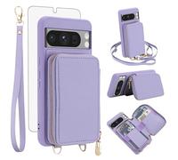 Phone Case for Google Pixel 8 Pro 5G Wallet Cell Cover with Tempered Glass Screen Protector Crossbody Strap Lanyard RFID Blocking Credit Card Holder Pixel8Pro Pixel8 XL Eight 8Pro Women Girls Purple
