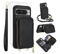 Phone Case for Google Pixel 8 Pro 5G Wallet Cell Cover with Tempered Glass Screen Protector Crossbody Strap Lanyard RFID Blocking Credit Card Holder Pixel8Pro Pixel8 XL Eight 8Pro Women Girls Black