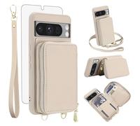 Phone Case for Google Pixel 8 Pro 5G Wallet Cell Cover with Tempered Glass Screen Protector Crossbody Strap Lanyard RFID Blocking Credit Card Holder Pixel8Pro Pixel8 XL Eight 8Pro Women Girls Beige