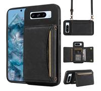 Phone Case for Google Pixel 8 Pro 5G Wallet Cover with Crossbody Shoulder Strap and Leather Credit Card Holder Pocket Slim Stand Cell Accessories Pixel8Pro Pixel8 XL Eight 8Pro Women Girls Black