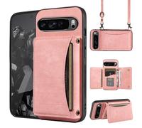 Phone Case for Google Pixel 9/9 Pro 5G Wallet Cover with Crossbody Shoulder Strap, PU Leather Credit Card Holder Pocket Slim Stand Cell Mobile Phone Flip Purse Pixel9 9Pro Nine Girls Women Pink