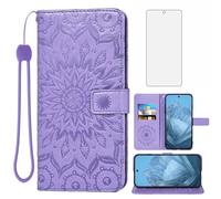 Phone Case for Google Pixel 9 Pro XL 6.8" 2024 Wallet with Tempered Glass Screen Protector Sunflower Leather Slim Flip Cover Card Holder Stand Cell Accessories Pixel9 9Pro 9ProXL Nine Women Purple