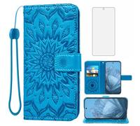 Phone Case for Google Pixel 9 Pro XL 6.8" 2024 Wallet with Tempered Glass Screen Protector Sunflower Leather Slim Flip Cover Card Holder Stand Cell Accessories Pixel9 9Pro 9ProXL Nine Women Men Blue