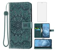 Phone Case for Google Pixel 9 Pro XL 6.8" Wallet with Tempered Glass Screen Protector Sunflower Leather Slim Flip Cover Card Holder Stand Cell Accessories Pixel9 9Pro 9ProXL Nine Women Men Dark Green