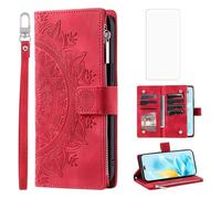 Phone Case for Honor 200 Lite Wallet Cover With Tempered Glass Screen Protector and Wrist Strap Mandala Flower Leather Flip Zipper Credit Card Holder Slot Honor200 Lite 200Lite Women Men Red