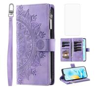Phone Case for Honor 200 Lite Wallet Cover With Tempered Glass Screen Protector and Wrist Strap Mandala Flower Leather Flip Zipper Credit Card Holder Slot Honor200 Lite 200Lite Women Men Purple