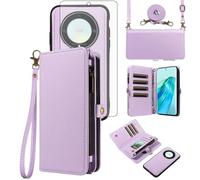Phone Case for Honor Magic 5 Lite 5G / X9a / X40 Zipper Wallet Detachable Cell Cover with Tempered Glass Screen Protector Crossbody Lanyard Strap Flip Card Holder Slot Magic5 5Lite 6.67” Purple