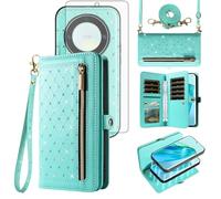 Phone Case for Honor Magic 5 Lite 5G / X9a / X40 Zipper Wallet Detachable Magnetic Cell Cover with Screen Protector Crossbody Lanyard Strap Bling Credit Card Holder Slots Magic5 5Lite 6.67 Women Teal
