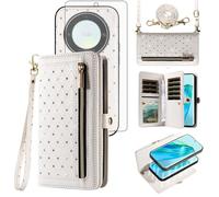 Phone Case for Honor Magic 5 Lite 5G / X9a / X40 Zipper Wallet Detachable Magnetic Cell Cover with Screen Protector Crossbody Lanyard Strap Bling Credit Card Holder Slots Magic5 5Lite 6.67 Women White