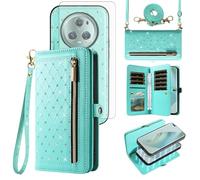 Phone Case for Honor Magic 5 Pro Zipper Wallet Detachable Magnetic Cell Cover with Tempered Glass Screen Protector Crossbody Lanyard Strap Credit Card Holder Slots Huawei Magic5 5Pro Women Girls Teal