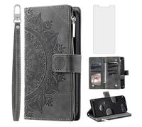 Phone Case for Huawei Mate 10 Pro Wallet Cover With Tempered Glass Screen Protector Wrist Strap Mandala Flower Zipper Credit Card Holder Slot Stand Cell Hawaii Mate10Pro Mate10 10Pro Women Grey