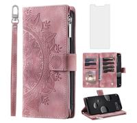 Phone Case for Huawei Mate 10 Pro Wallet Cover With Tempered Glass Screen Protector Wrist Strap Mandala Flower Zipper Credit Card Holder Slot Stand Cell Hawaii Mate10Pro Mate10 10Pro Women Rose Gold