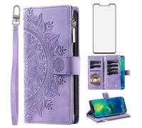 Phone Case for Huawei Mate 20 Pro Wallet Cover With Tempered Glass Screen Protector Wrist Strap Mandala Flower Zipper Credit Card Holder Slot Stand Cell Hawaii Mate20Pro Mate20 20Pro Women Purple