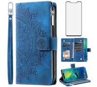 Phone Case for Huawei Mate 20 Pro Wallet Cover With Tempered Glass Screen Protector Wrist Strap Mandala Flower Zipper Credit Card Holder Slot Stand Cell Hawaii Mate20Pro Mate20 20Pro Women Blue