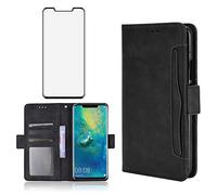 Phone Case for Huawei Mate 20 Pro With Tempered Glass Screen Protector Card Holder Slot Stand Kickstand Shockproof Protective Wallet Purse Leather Huwai Mate20pro Hwauei Hawaii Mate20 P20 20Pro Black