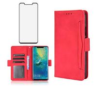 Phone Case for Huawei Mate 20 Pro With Tempered Glass Screen Protector Card Holder Slot Stand Kickstand Shockproof Protective Wallet Purse Leather Huwai Mate20pro Hwauei Hawaii Mate20 P20 20Pro Red