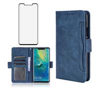 Phone Case for Huawei Mate 20 Pro With Tempered Glass Screen Protector Card Holder Slot Stand Kickstand Shockproof Protective Wallet Purse Leather Huwai Mate20pro Hwauei Hawaii Mate20 P20 20Pro Blue