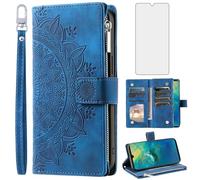 Phone Case for Huawei Mate 20 Wallet Cover With Tempered Glass Screen Protector Wrist Strap Mandala Flower Leather Flip Zipper Credit Card Holder Slot Stand Cell Hawaii Mate20 P20 Women Men Blue