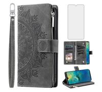 Phone Case for Huawei Mate 20 Wallet Cover With Tempered Glass Screen Protector Wrist Strap Mandala Flower Leather Flip Zipper Credit Card Holder Slot Stand Cell Hawaii Mate20 P20 Women Men Grey